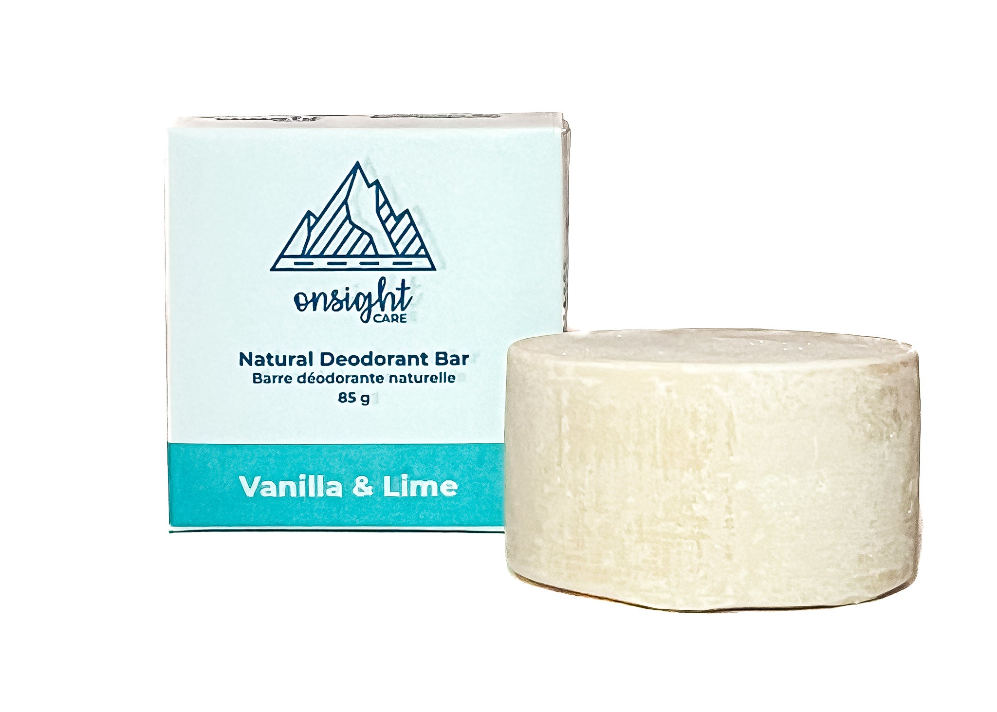 plastic free deodorant bar on white background. Bar in front of vanilla lime box packaging.