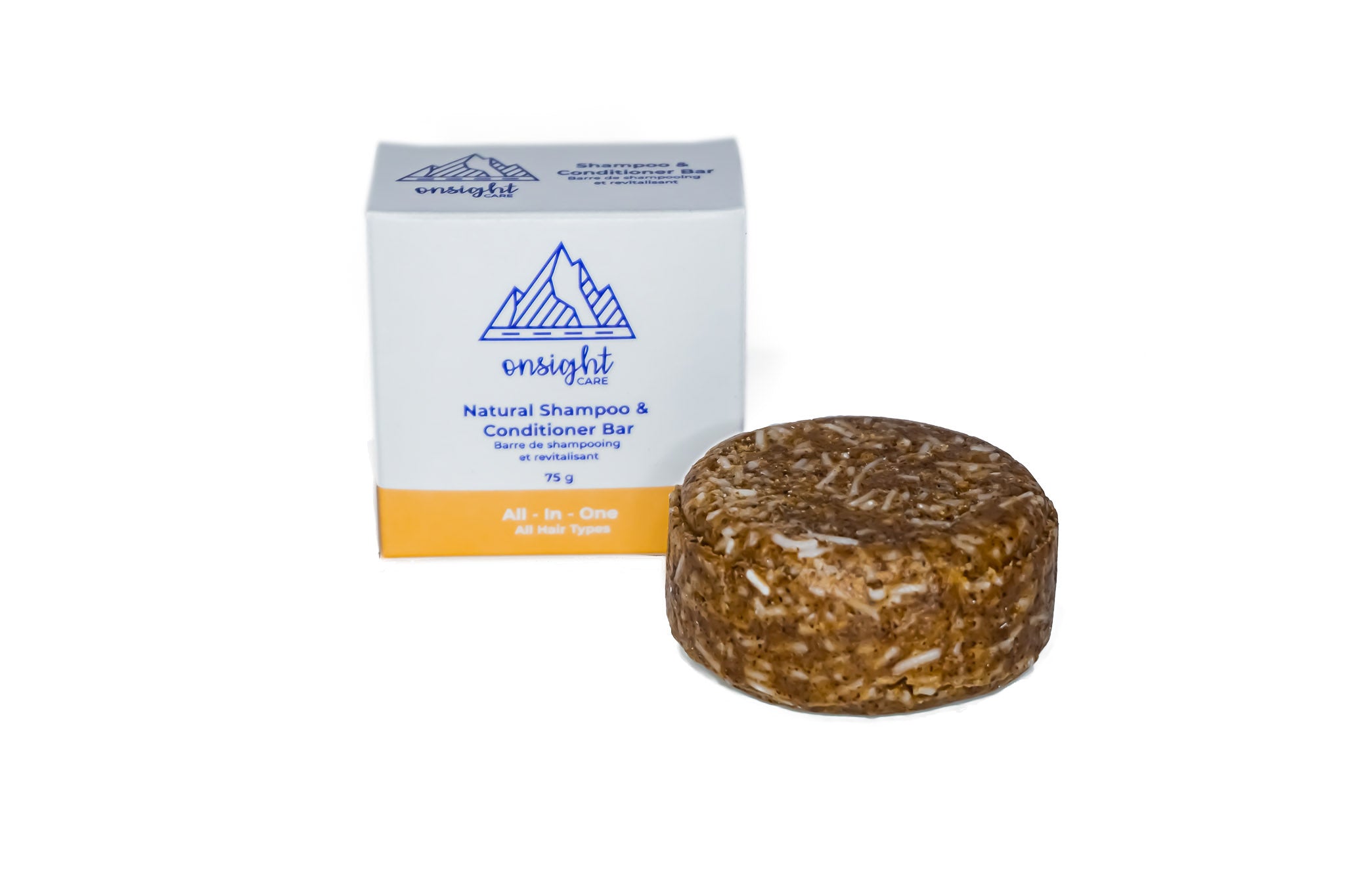 shampoo bar in front of eco friendly packaging on white background